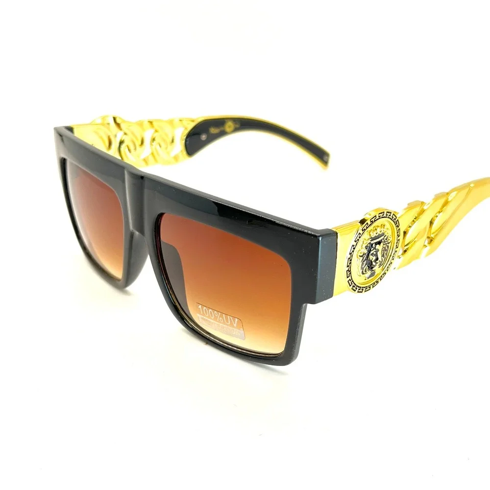 Kleo Grandeur Classic Square Side Coin Lion Head Chain Hip Hop Sunglasses Lentes